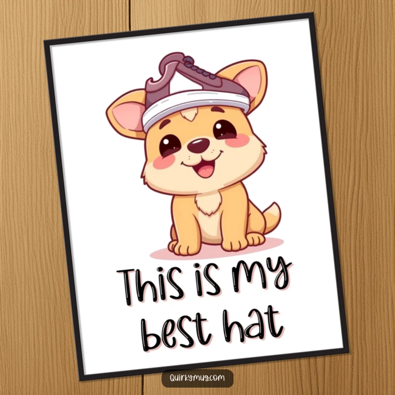 Funny dog digital art: Happy dog character humorously wearing a shoe on its head as a hat, a downloadable funny gift.