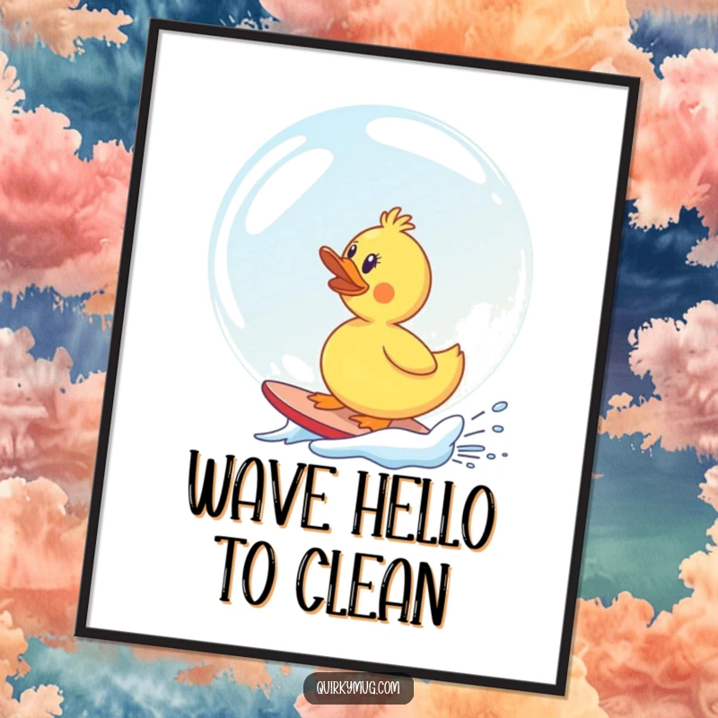Funny rubber duck character comically surfing a gigantic soap bubble, a hilarious and vibrant digital art print.