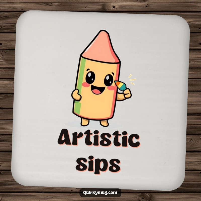 Funny drink coaster with a beaming crayon character attempting to draw its self-portrait using its own tip, artistic and functional.