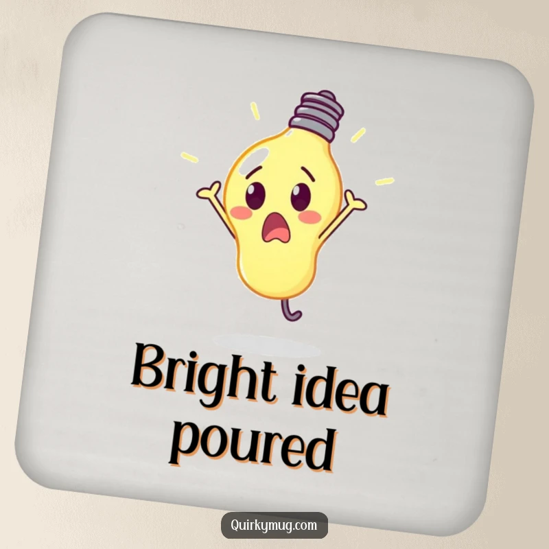 Funny surprised lightbulb glowing brightly mid-cartwheel, a protective and humorous drink coaster.