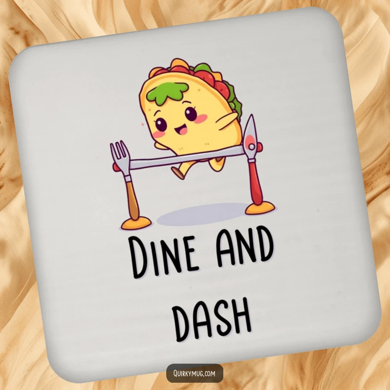 Funny Kawaii taco character mid-air, jumping over a hurdle made of cutlery on a drink coaster, looking athletic.