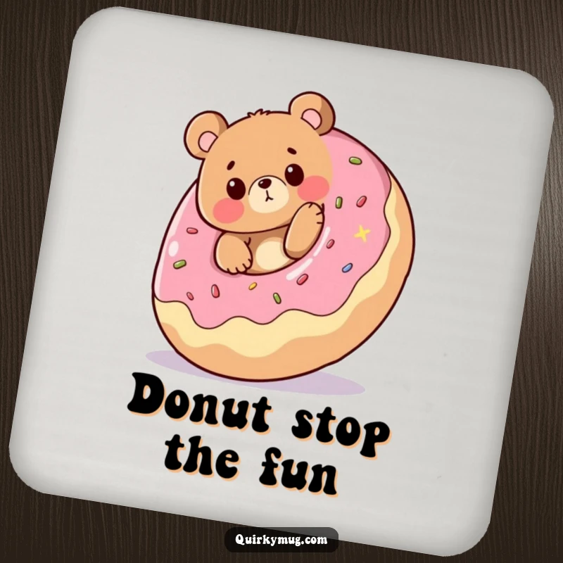 Funny coaster: Cheerful bear character tripping over a giant rolling donut, looking surprised, a humorous funny gift.