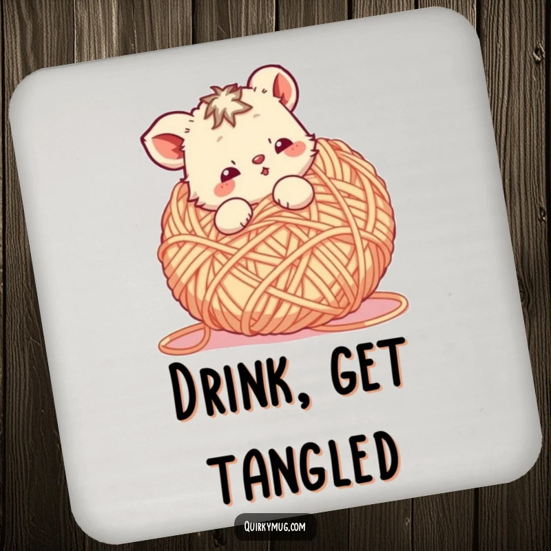 Funny Yarn Animal Coaster: A cute animal character tangled in a giant ball of yarn, a charming and humorous protector.