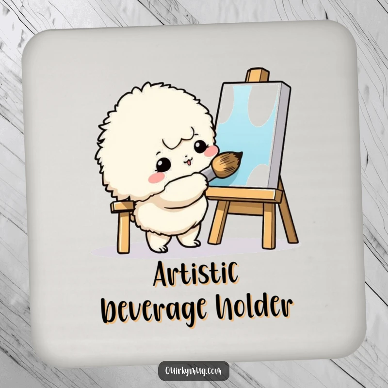 Funny Art Creature Coaster: A fluffy creature painting with a giant brush, a charming and humorous protector.