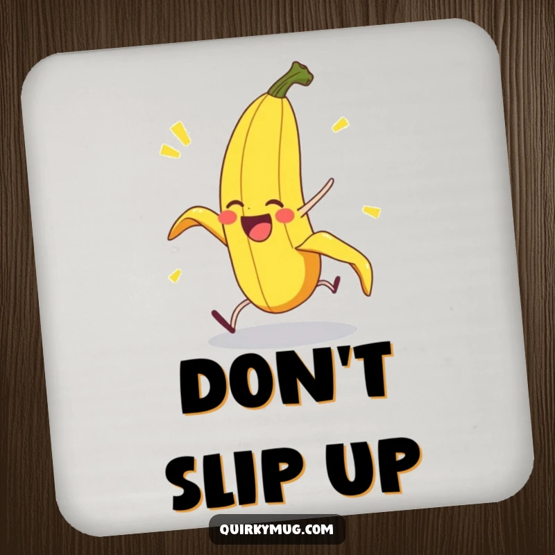 Funny Banana Peel Coaster: A delighted banana peel character in an exaggerated fall offers humorous protection for your drinkware.