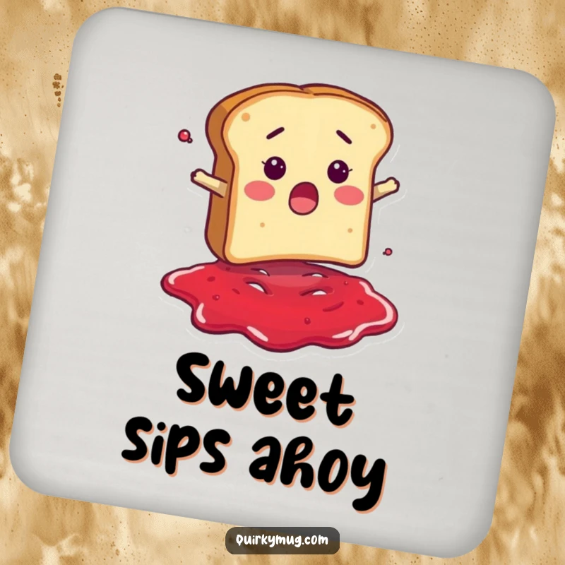 Funny drink coaster set with a surprised bread slice character falling into a puddle of jam, perfect for breakfast table decor.
