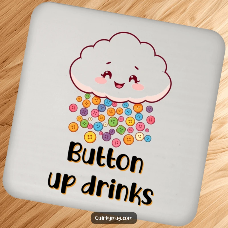 Funny drink coaster featuring a mischievous cloud character playfully raining tiny, colorful buttons, a functional and cute accessory.