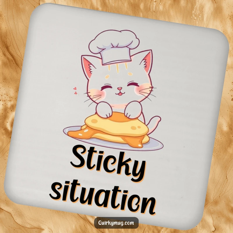 Funny cat chef coaster, cute cat wearing a chef hat, with a pancake hilariously on its head.
