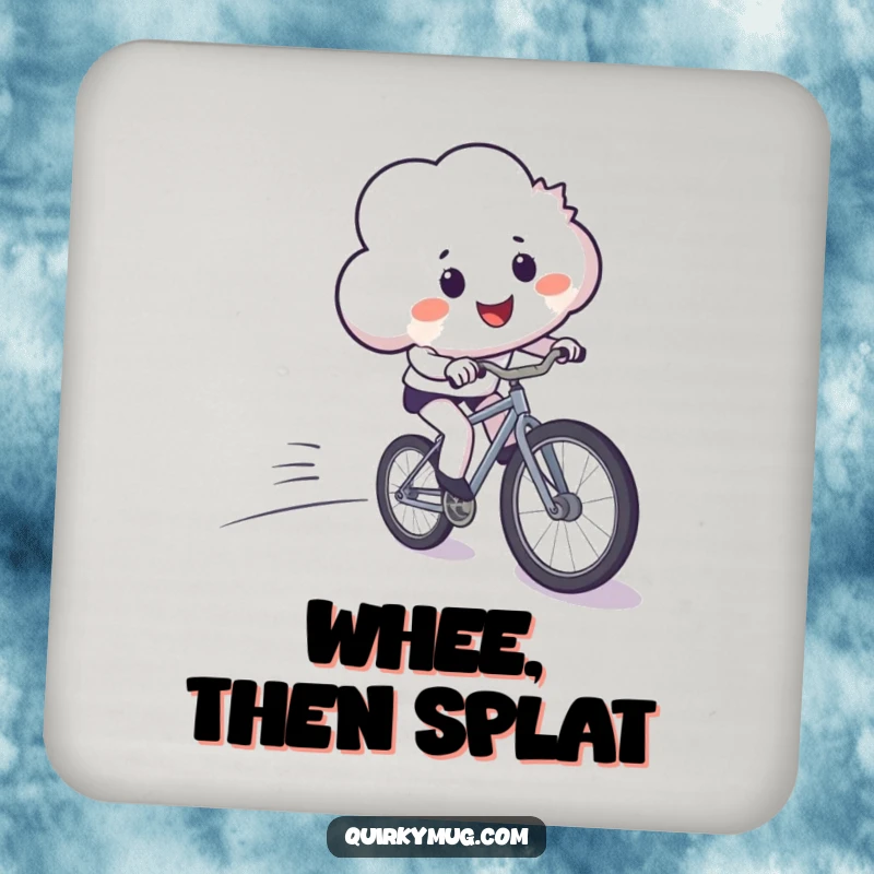 Funny drink coaster with a smiling cloud comically losing control on a bicycle, adding humor to beverage service.