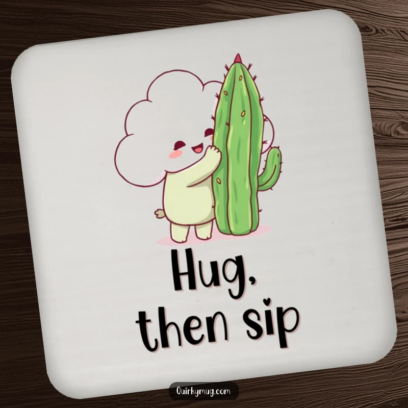 Funny happy cloud character trying to hug a very pointy cactus, a protective and humorous drink coaster.