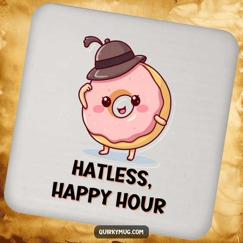 Funny donut character's hat falling off, a humorous and protective drink coaster for tabletops.