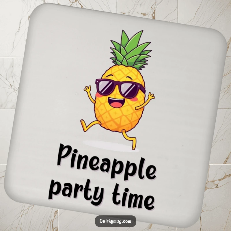 Funny giggling pineapple with legs, sunglasses, attempting the limbo, a humorous drink coaster.