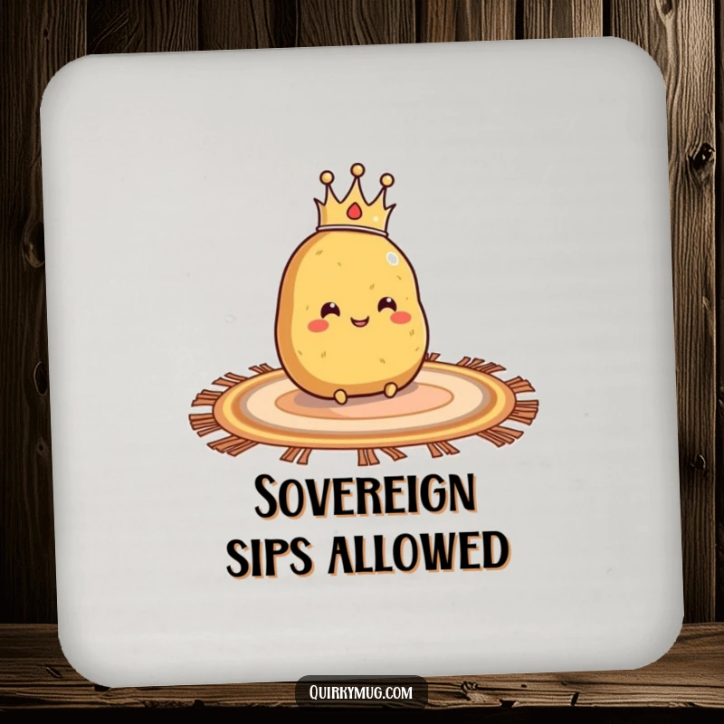 Funny drink coaster of a smiling potato character wearing a crown, sliding on a rug.