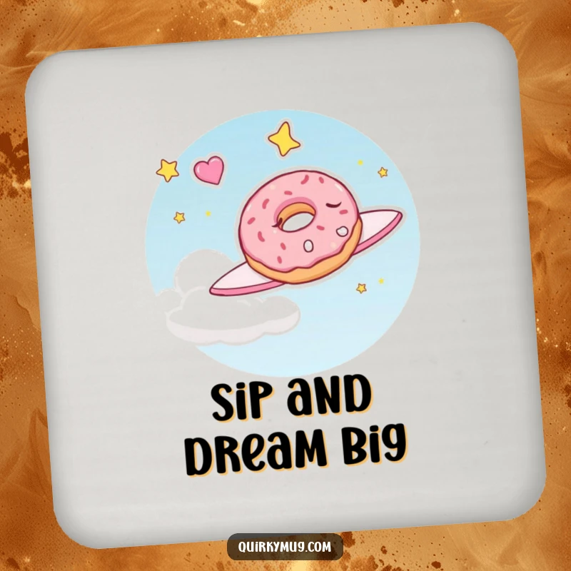 Funny drink coasters featuring a sleepy doughnut character dreaming of flying through the sky, offering surface protection with sweet humor.