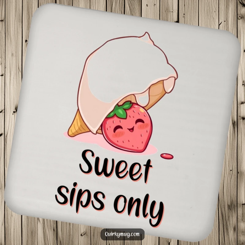 Funny drink coasters featuring a blushing strawberry character peeking out from under a giant overturned ice cream cone, offering sweet surface protection.