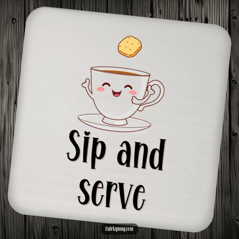 Funny cheerful teacup with arms reaching for a floating biscuit on a drink coaster.