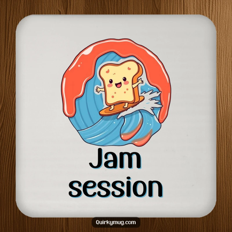 Funny drink coaster with a small, smiling toast figure surfing a jam wave, adding a touch of breakfast whimsy to beverage protection.