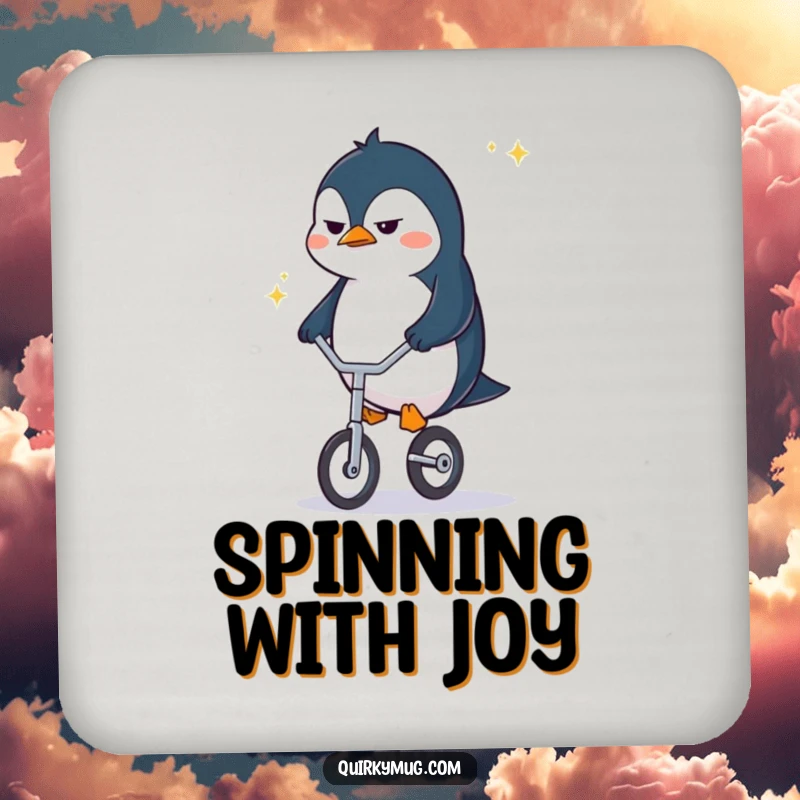 Funny penguin character protecting a table with a coaster, frowning with determination while riding a tiny unicycle.