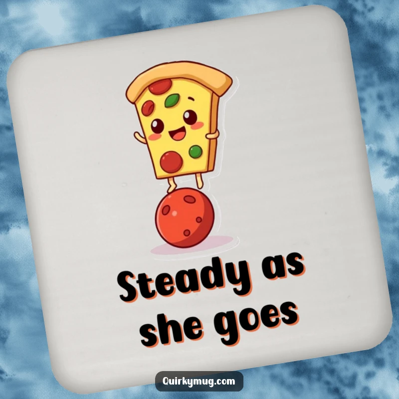 Funny drink coaster of a pizza slice character balancing on a single pepperoni.