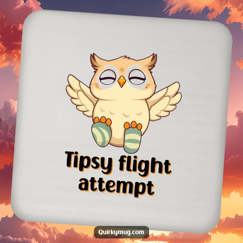 Funny owl character protecting a table with a coaster, attempting flight with mismatched socks, giggling.