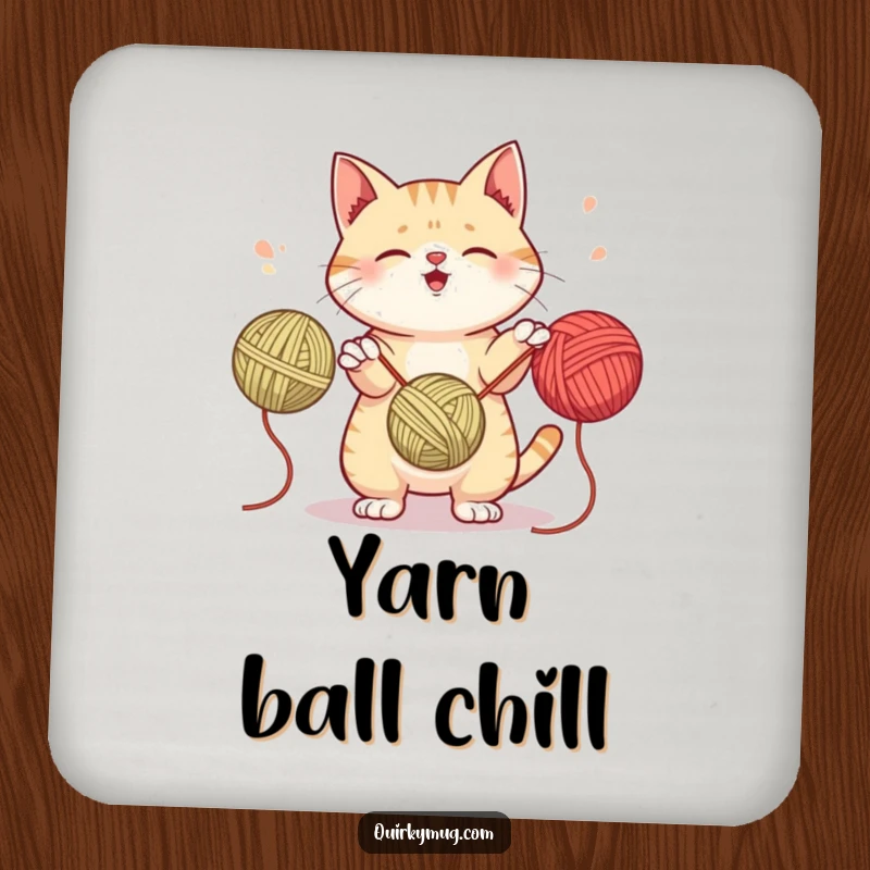 Funny drink coaster set with a mischievous cat juggling yarn balls, perfect for adding playful decor to any surface.