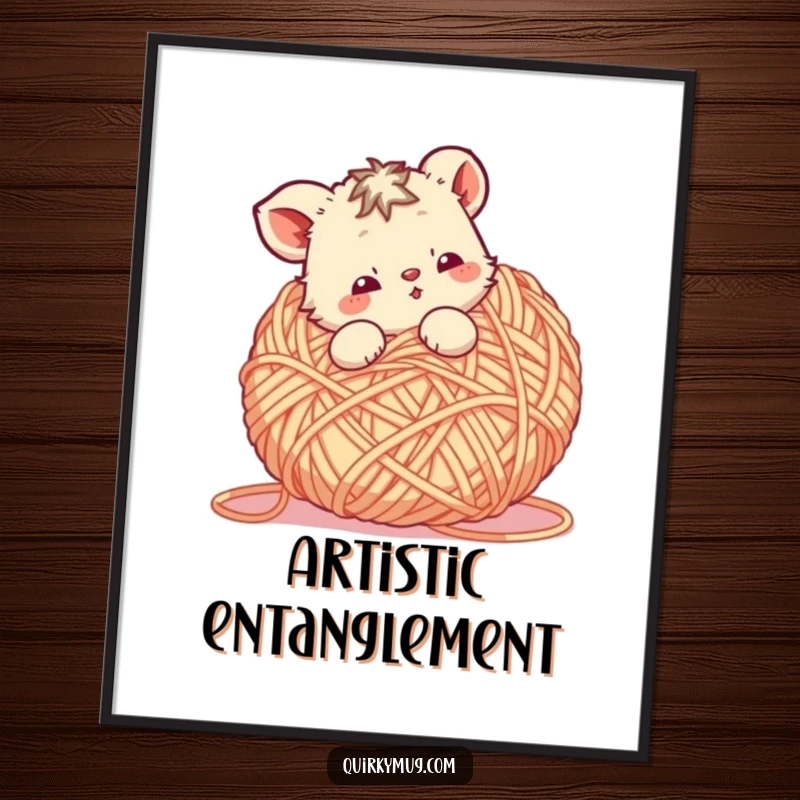 Funny Yarn Animal Poster: A cute animal character playfully tangled in a car-sized ball of yarn, a humorous crafting inspiration.