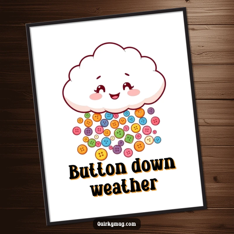 Funny poster displaying a mischievous cloud character playfully raining a delightful assortment of tiny, colorful buttons.