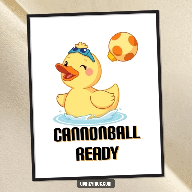 Funny poster art of a cheerful giant rubber duck wearing swim fins and doing a cannonball.