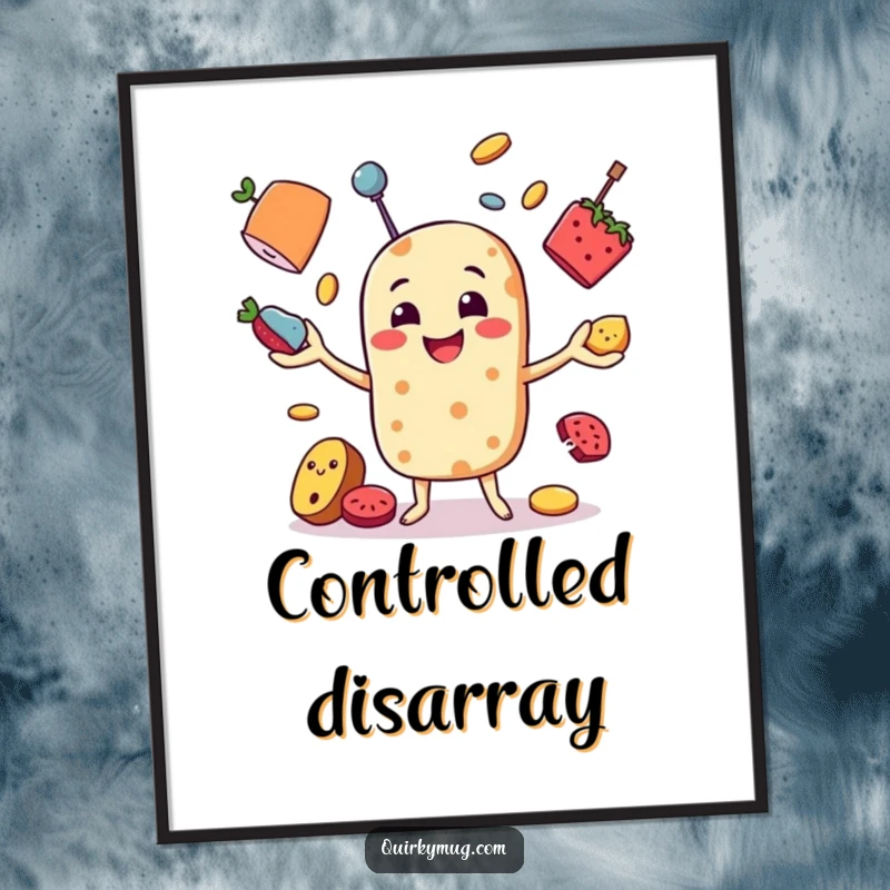 Funny poster featuring a smiling food character juggling multiple items with comical expressions, ideal for humorous home decor.