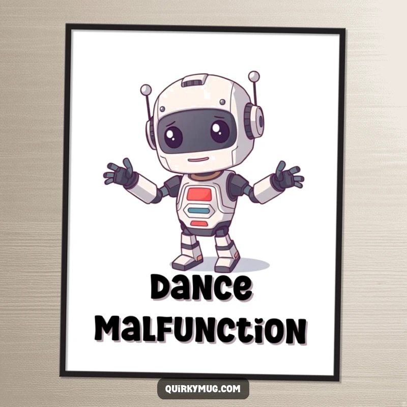 Funny Poster of a curious robot character attempting a dance routine with chaotic, disjointed limb movements, full of humor.