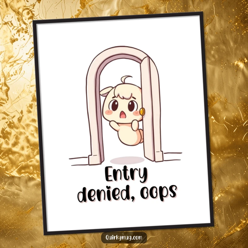 Funny poster featuring a surprised character comically stuck in a tiny doorway, adding hilarious and relatable humor to decor.