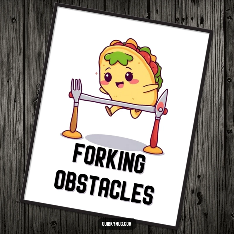 Funny Kawaii taco character mid-air, jumping over a hurdle made of cutlery on a poster, looking athletic.