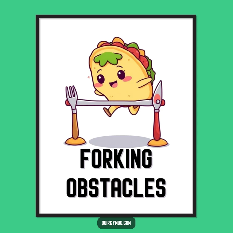 Funny Kawaii Taco Cutlery Jump Poster - Action-Packed Food Art Gift