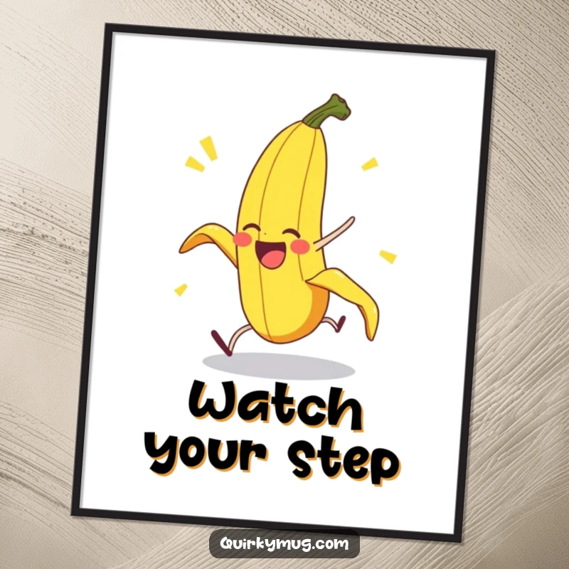 Funny Banana Peel Poster: A delighted banana peel character performs a comical, exaggerated pratfall, adding a splash of slapstick humor to decor.