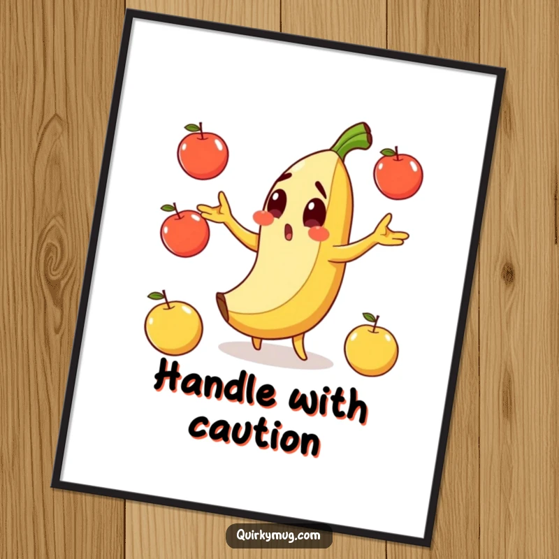 Funny poster art of a surprised banana character slipping on its peel while comically juggling apples.