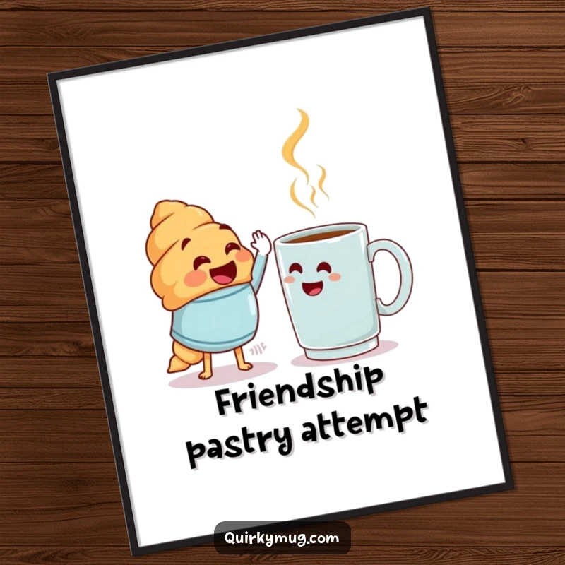 Funny joyful croissant character high-fiving a bewildered mug, wall art poster, perfect funny gift.