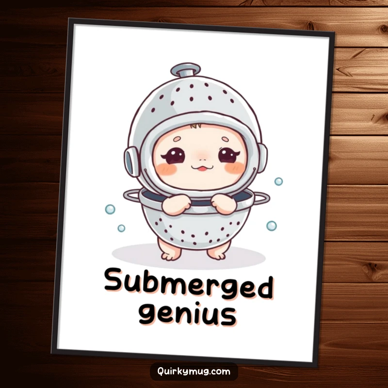 Funny poster of a small creature humorously using a colander as a diving helmet, embarking on an imaginative deep-sea exploration.