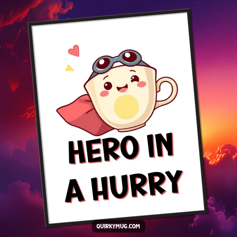 Funny poster art: a happy teacup character in a superhero cape, flying sideways with boundless excitement and energy.