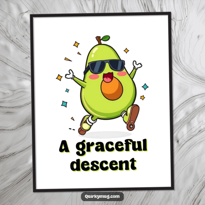 Funny Kawaii avocado character on a poster, roller skating and falling spectacularly with a surprised expression.