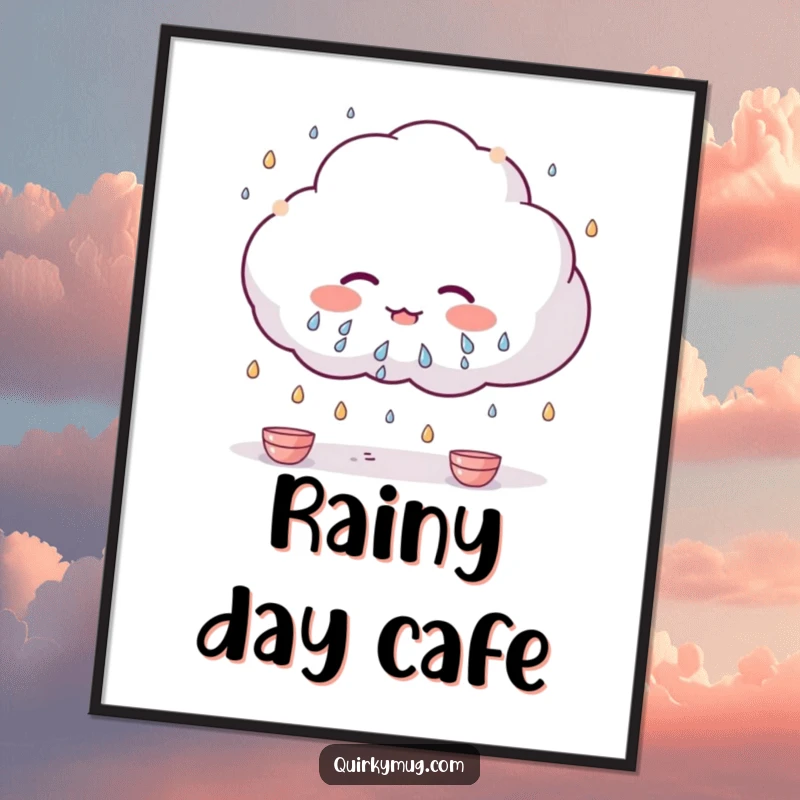 Funny Kawaii cloud character sweating profusely, raining miniature teacups on this charming wall art poster.