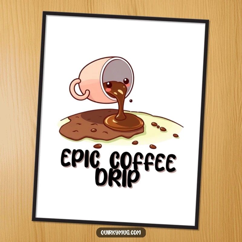 Funny Kawaii coffee cup character spilling a tiny amount of coffee on a vast landscape on a poster, looking slightly embarrassed.
