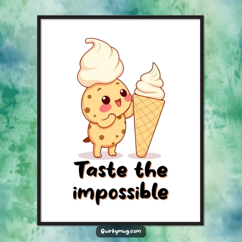 Funny Kawaii cookie character reaching up to lick a huge ice cream cone on a poster, looking determined.