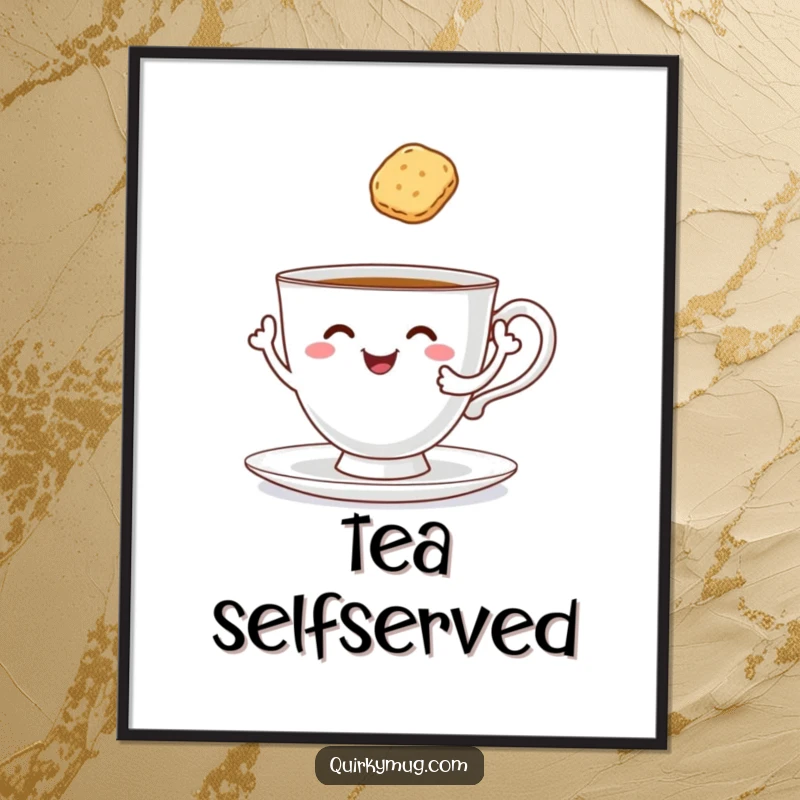 Funny cheerful teacup with arms attempting to serve itself a floating biscuit, whimsical wall art print.