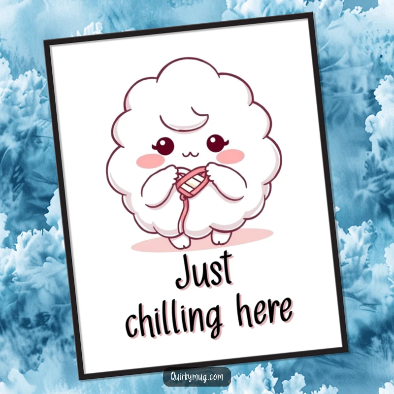 Funny poster showcasing a fluffy cloud character humorously knitting with its own misty threads, adding a touch of surreal humor.