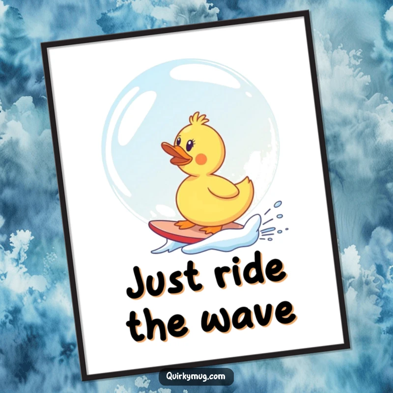 Funny rubber duck comically surfing a giant soap bubble, whimsical and humorous wall art for any room.