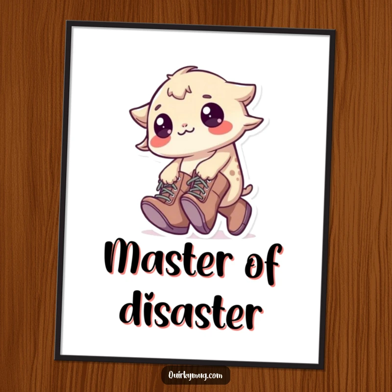 Funny Tripping Creature Poster: A small creature in oversized boots tripping over its own feet, a humorous and relatable artwork.