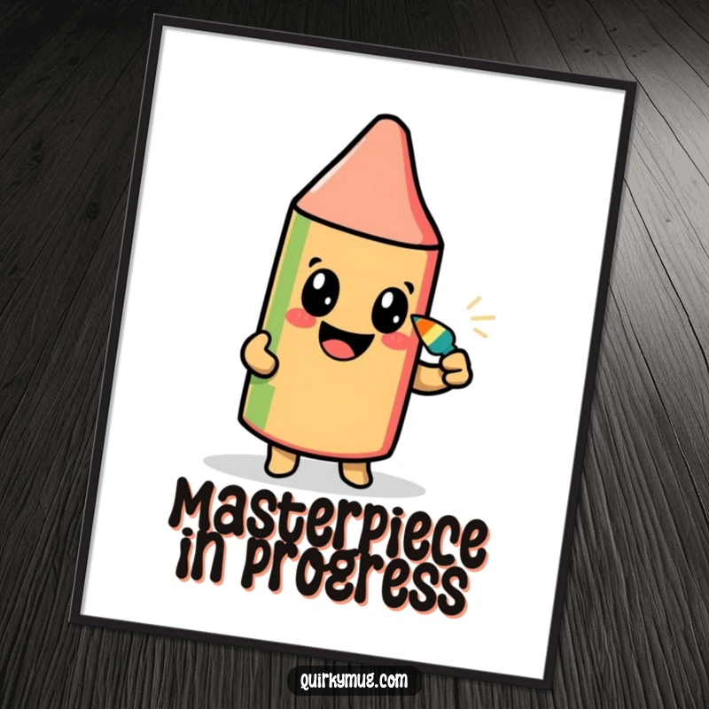 Funny poster showing a beaming crayon character determinedly drawing its self-portrait using its own tip, artfully amusing.