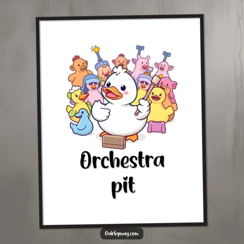 Funny Kawaii rubber duck director leading a playful orchestra of bath toys on this humorous wall art poster.
