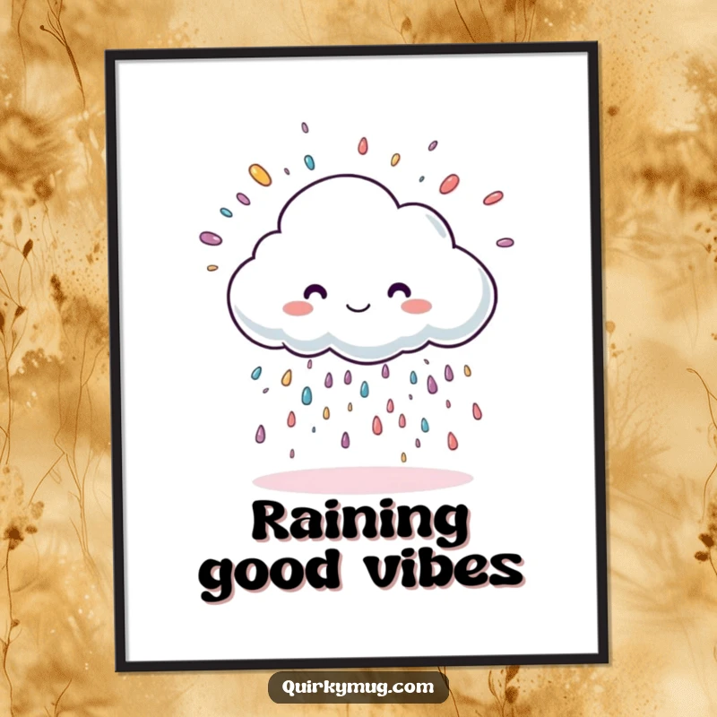 Funny cloud character raining oversized sprinkles, rendered as a cheerful poster print.
