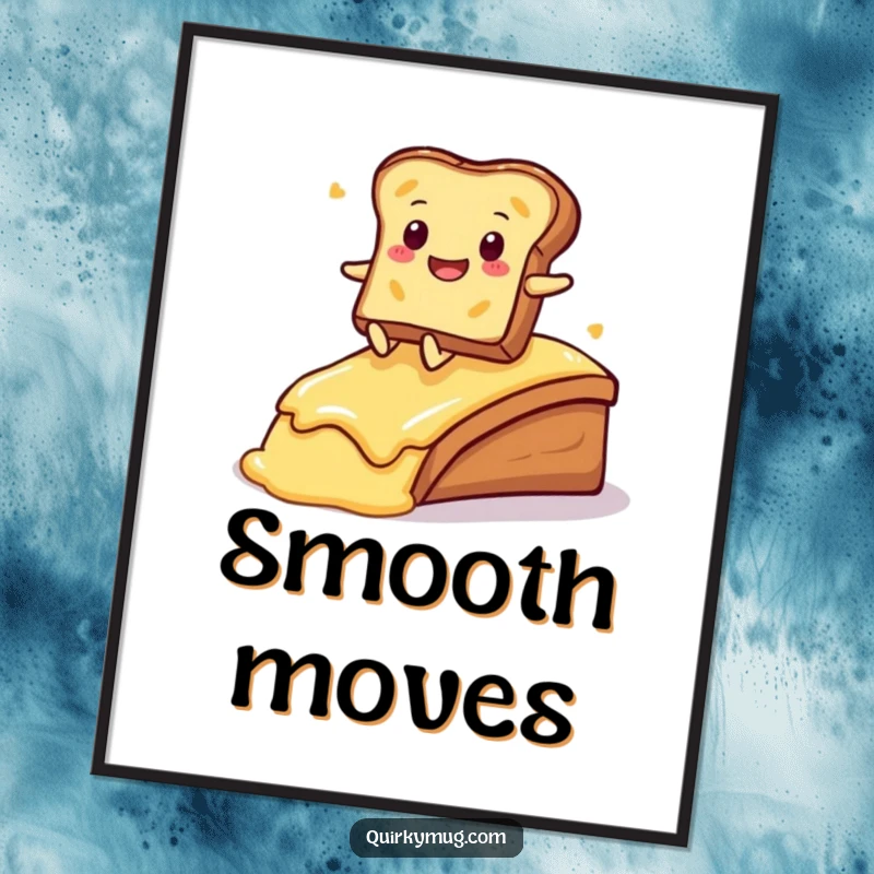 Funny Kawaii toast character sliding down a buttered ramp, depicted in this cheerful wall art poster.